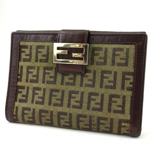 Authentic FENDI W Hook Wallet Zucchino Beige Canvas ~ Leather Auth Used - Picture 1 of 11
